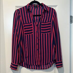 Express Women's Navy and Pink Striped Top